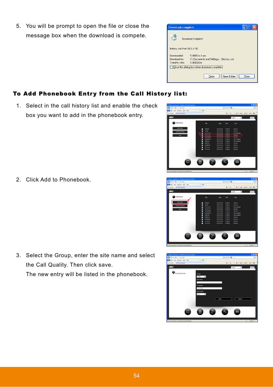 To add phonebook entry from the call history list | AVer HVC130 user manual User Manual | Page 58 / 74