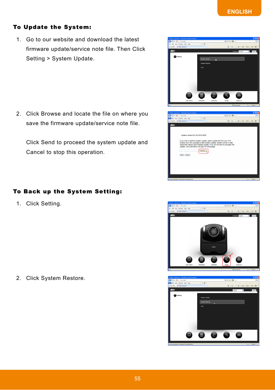 To update the system, To back up the system setting | AVer HVC130 user manual User Manual | Page 59 / 74