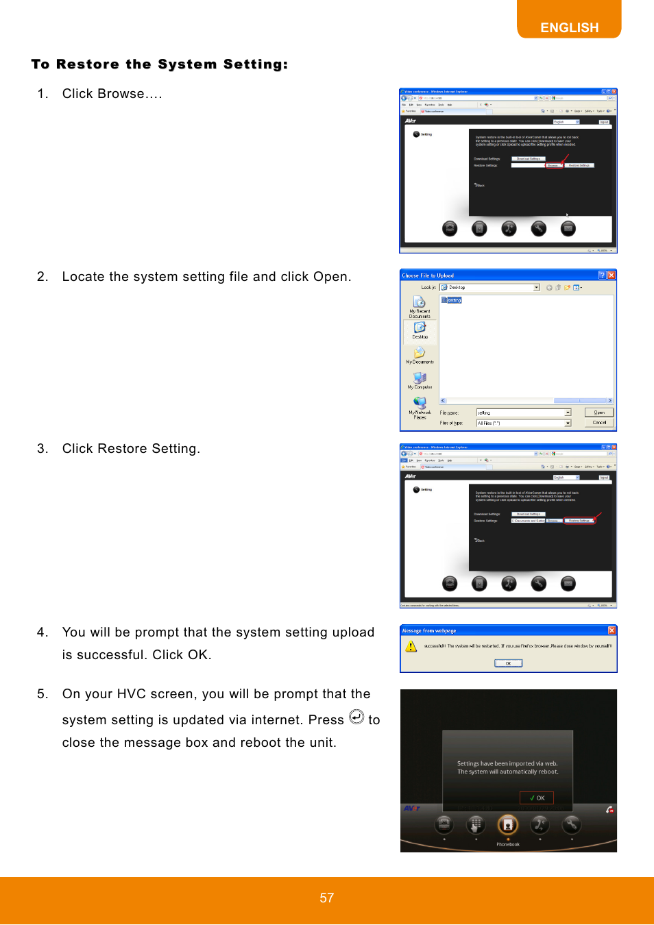 To restore the system setting | AVer HVC130 user manual User Manual | Page 61 / 74