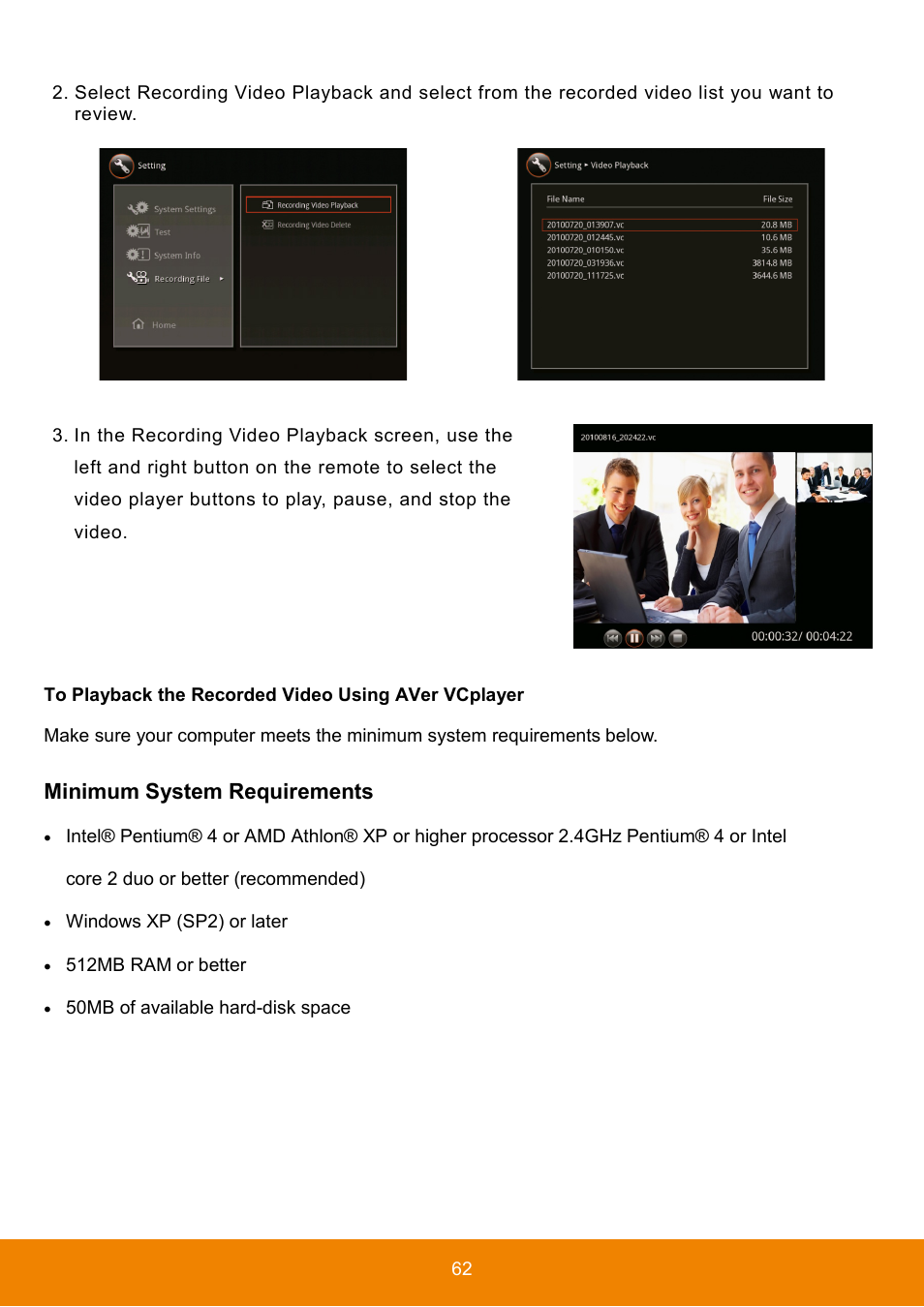 To playback the recorded video using aver vcplayer, Minimum system requirements | AVer HVC130 user manual User Manual | Page 66 / 74