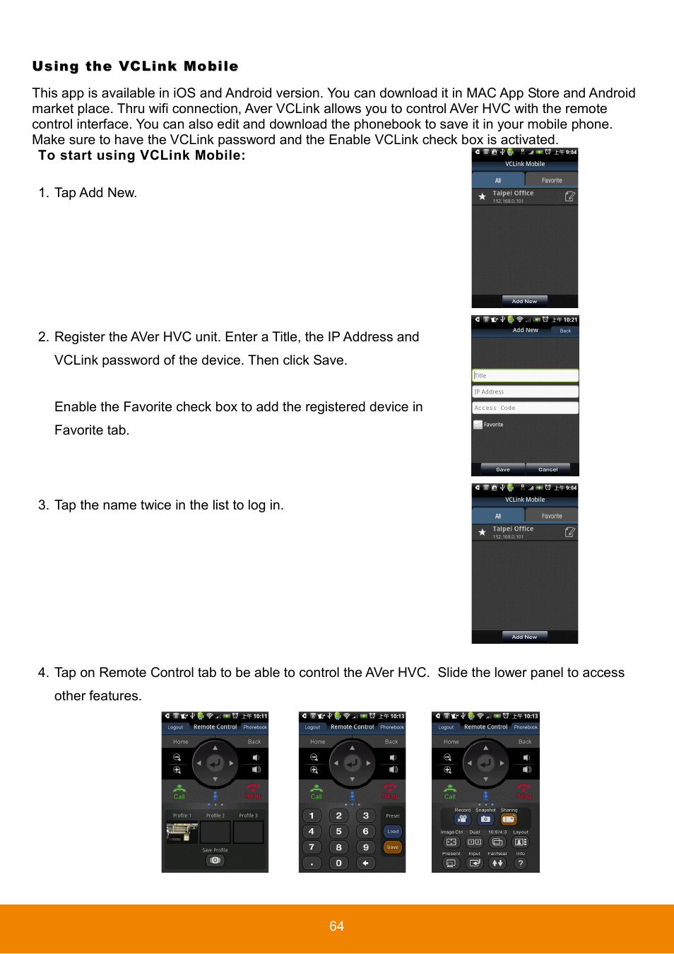 Using the vclink mobile, To start using vclink mobile | AVer HVC130 user manual User Manual | Page 68 / 74