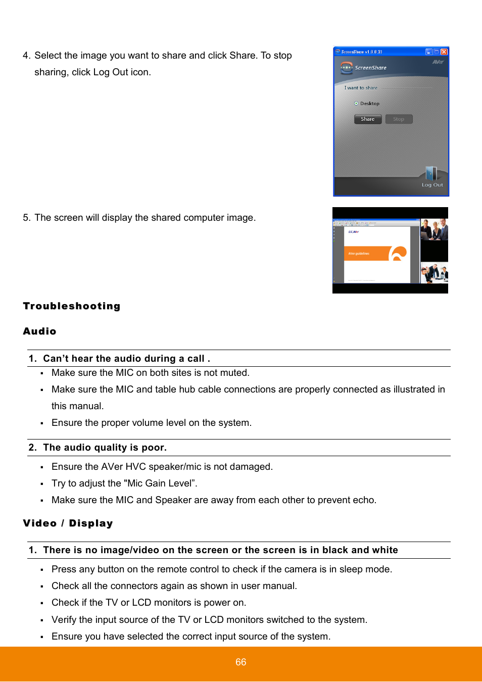 Troubleshooting, Audio, Video / display | Audio video / display | AVer HVC130 user manual User Manual | Page 70 / 74