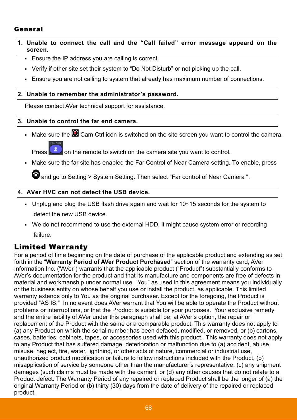 General, Limited warranty | AVer HVC130 user manual User Manual | Page 72 / 74