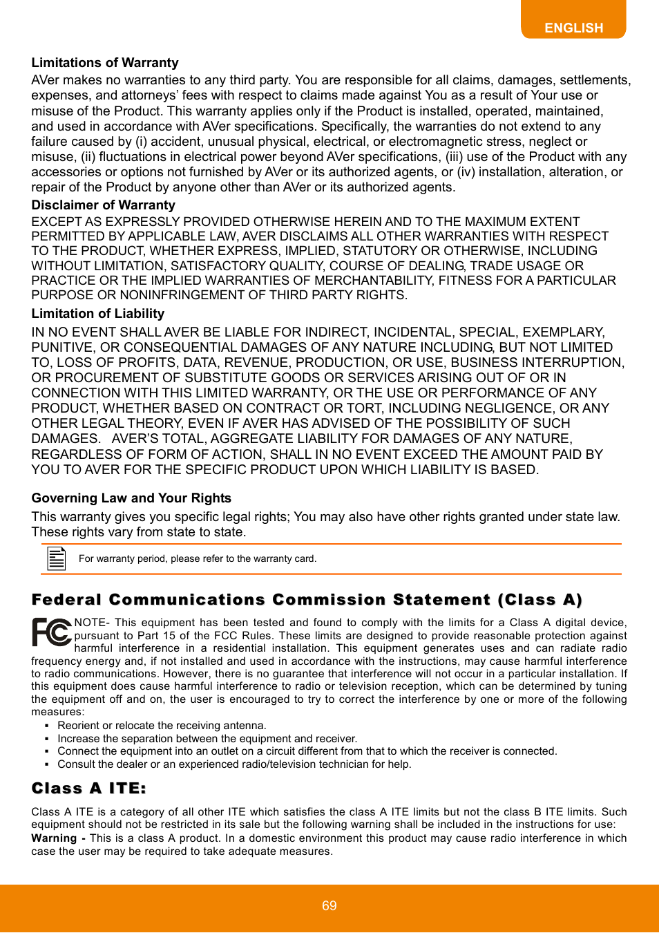 Limitations of warranty, Disclaimer of warranty, Limitation of liability | Governing law and your rights, Class a ite | AVer HVC130 user manual User Manual | Page 73 / 74