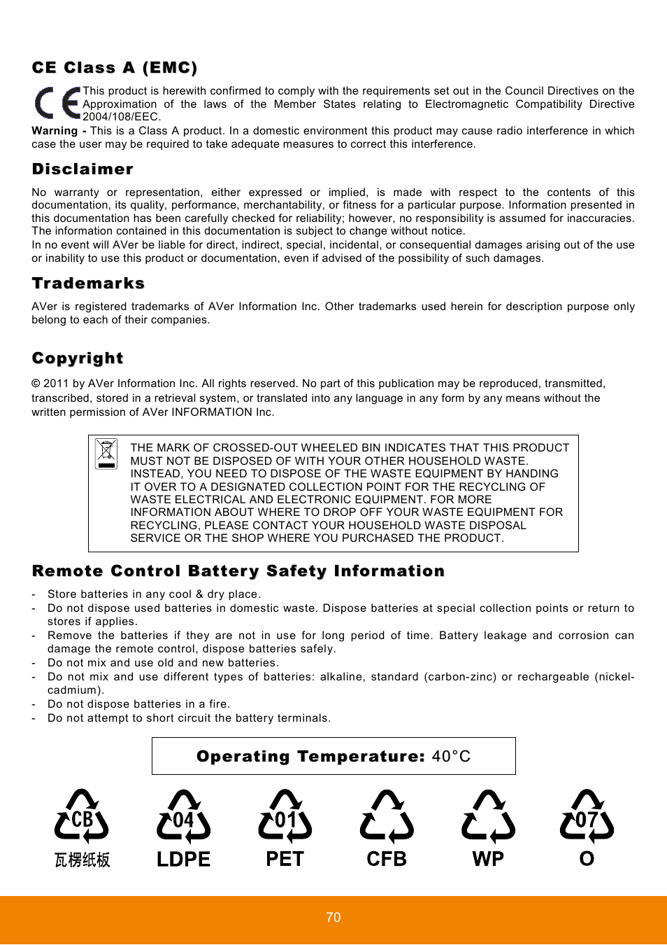 Ce class a (emc), Disclaimer, Trademarks | Copyright, Remote control battery safety information | AVer HVC130 user manual User Manual | Page 74 / 74