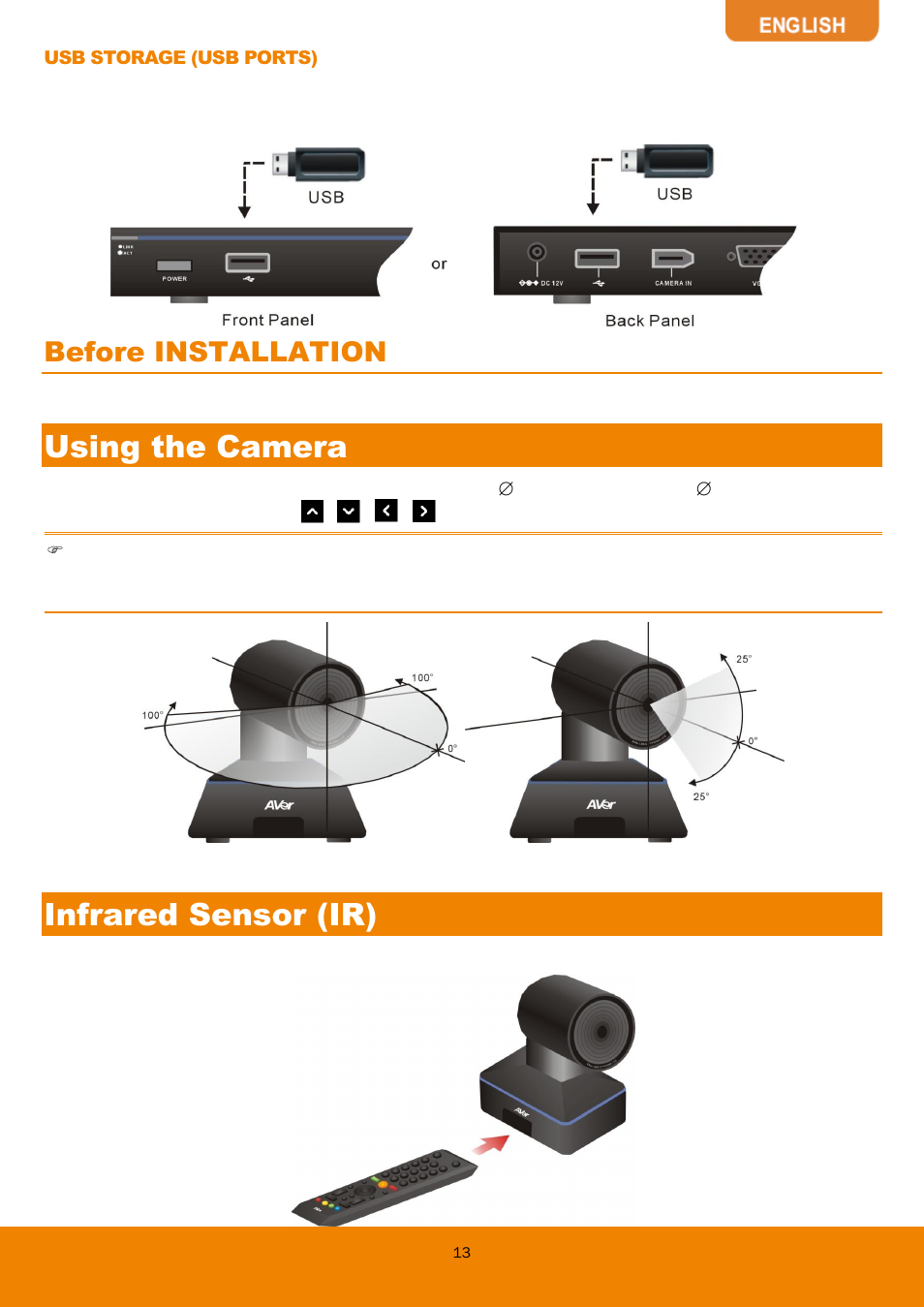 Using the camera, Infrared sensor (ir), Before installation | AVer EVC130 user manual User Manual | Page 16 / 89