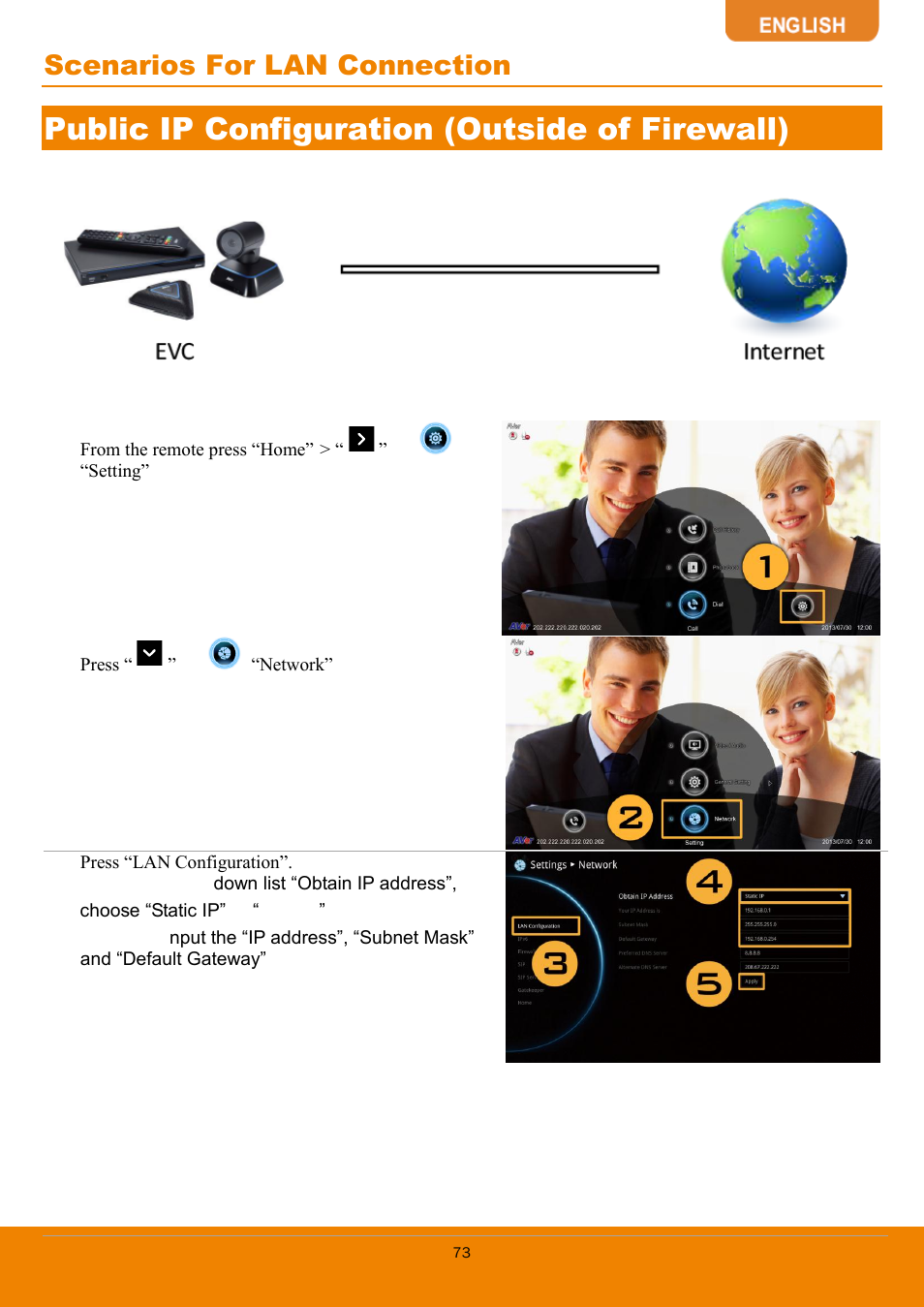 Public ip configuration (outside of firewall), Scenarios for lan connection | AVer EVC130 user manual User Manual | Page 76 / 89