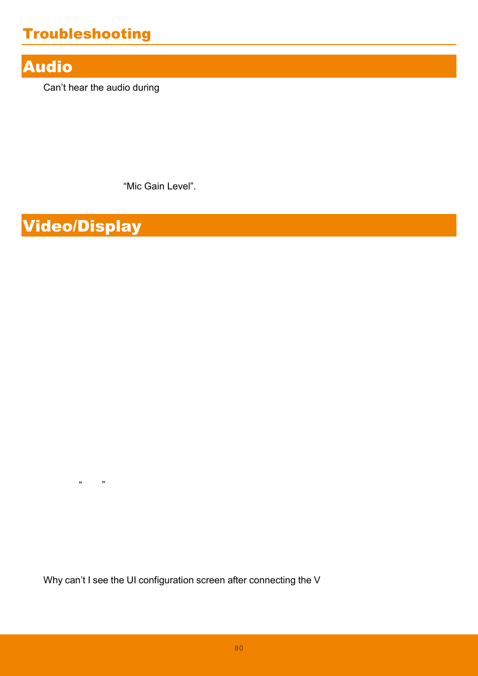 Audio, Video/display, Troubleshooting | AVer EVC130 user manual User Manual | Page 83 / 89