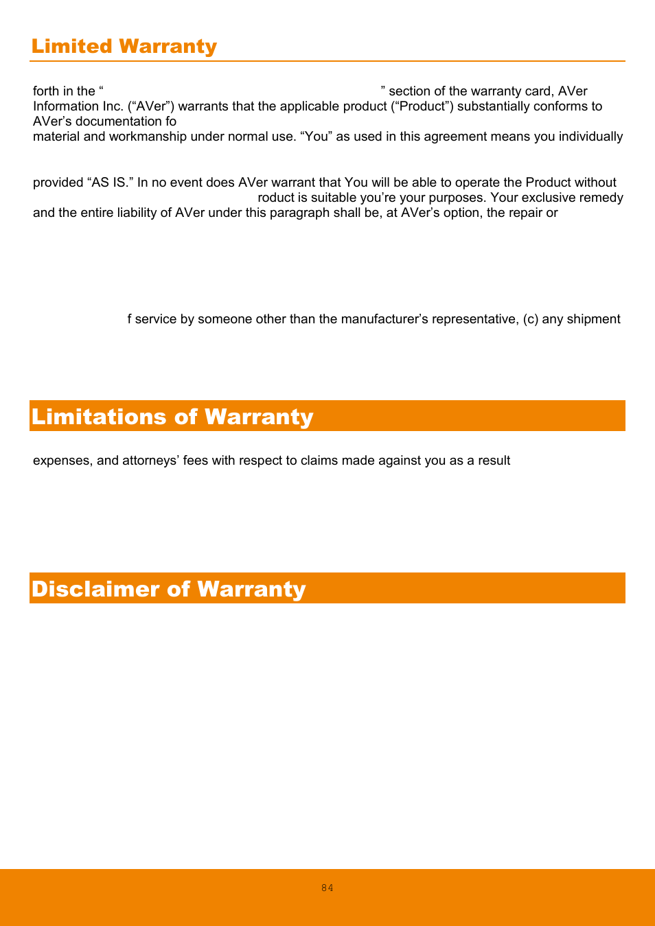 Limitations of warranty, Disclaimer of warranty, Limited warranty | AVer EVC130 user manual User Manual | Page 87 / 89