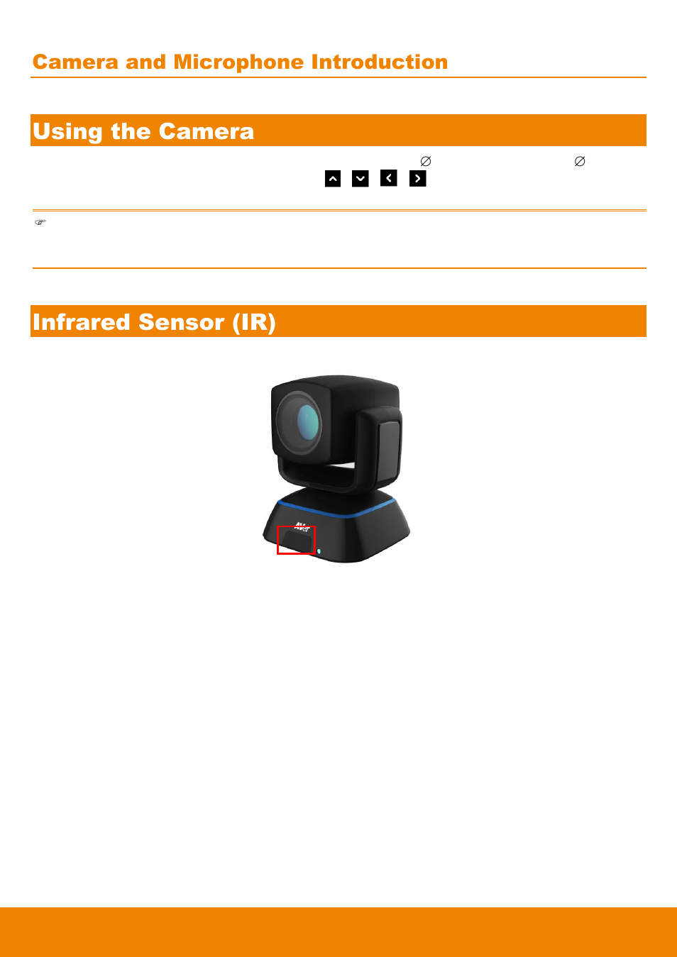 Using the camera, Infrared sensor (ir), Camera and microphone introduction | AVer EVC900 User Manual | Page 16 / 93