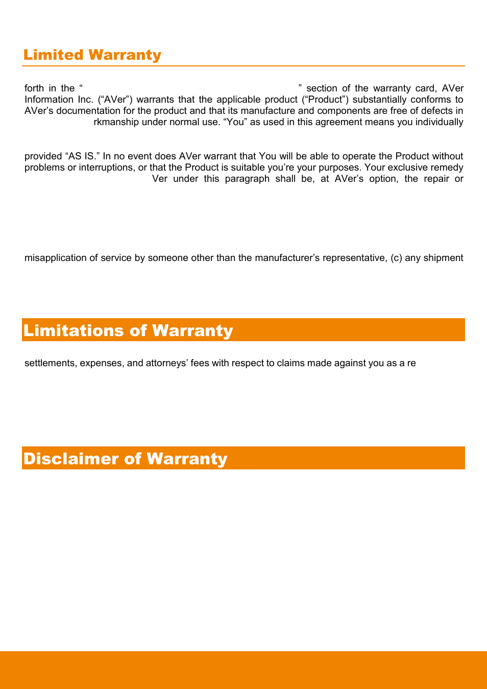 Limitations of warranty, Disclaimer of warranty, Limited warranty | AVer EVC900 User Manual | Page 90 / 93