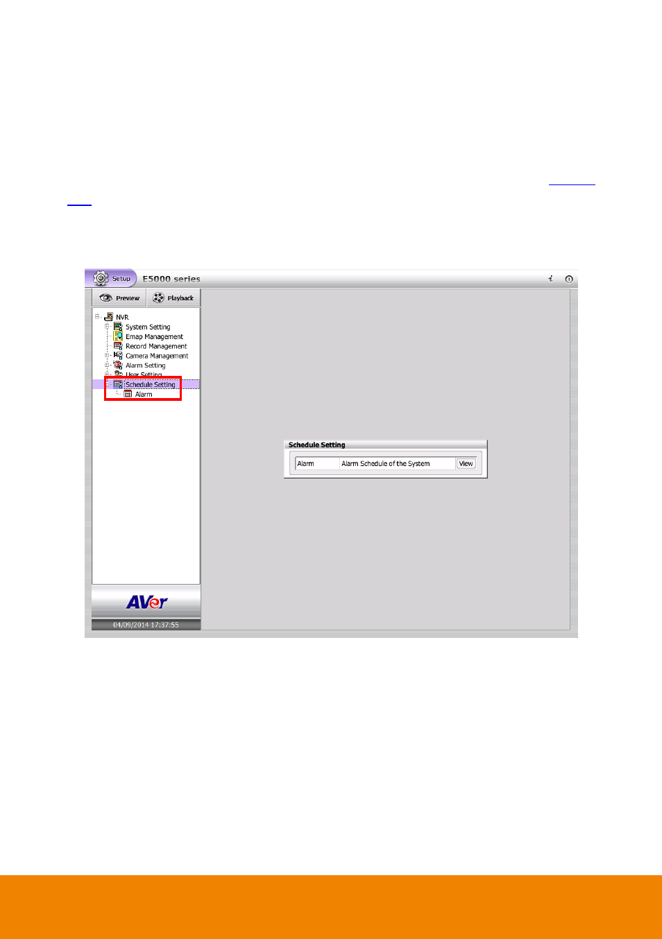 10 schedule setting, 1 setup alarm schedule, Schedule setting | Setup alarm schedule | AVer E5000 series User Manual | Page 104 / 191