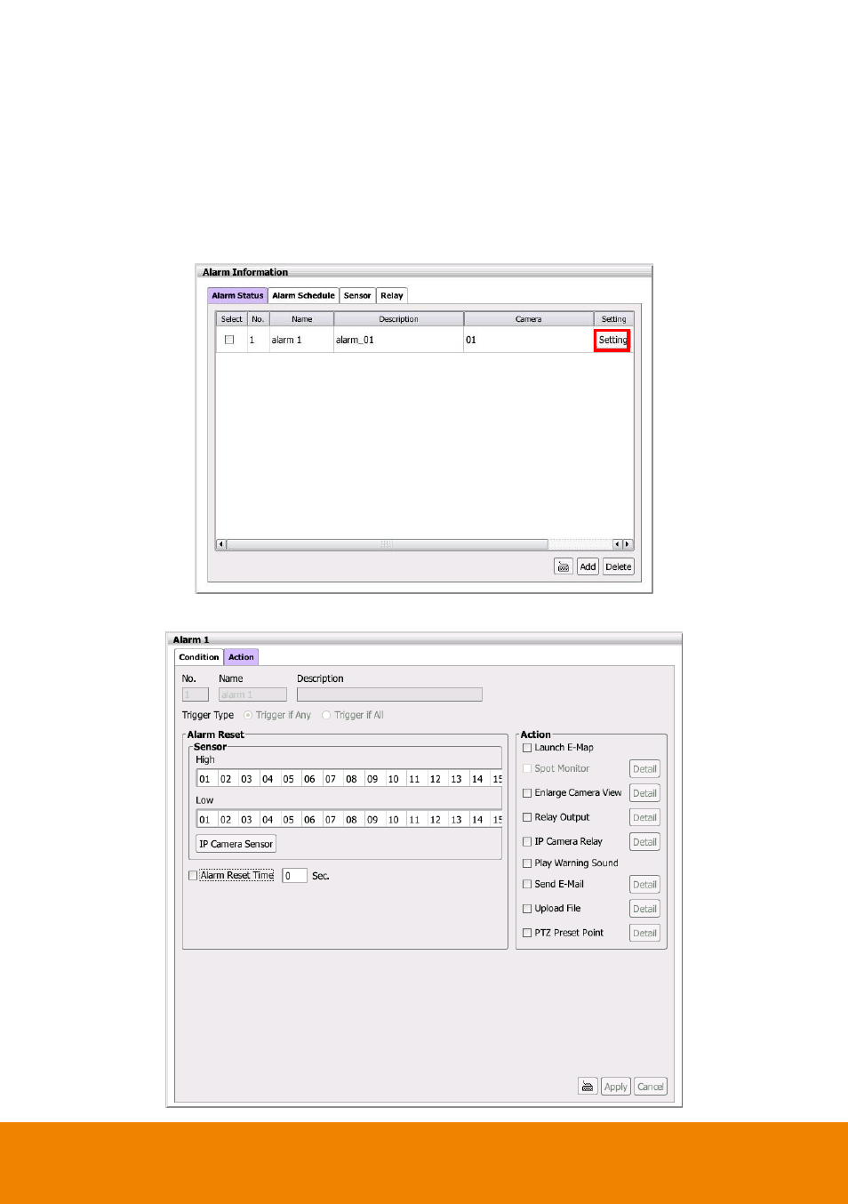 2 setting alarm action, Setting alarm action, Chapter 2.11.2 | Chapter | AVer E5000 series User Manual | Page 114 / 191