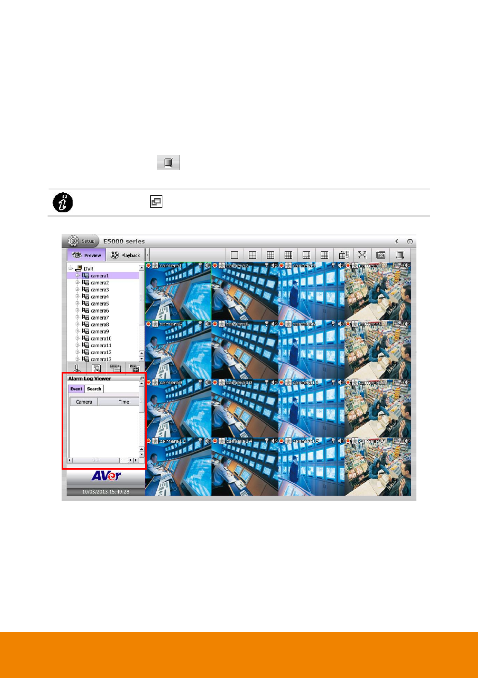 2 using the alarm log viewer, Viewing alarm event, Using the alarm log viewer | Chapter 2.17.2 | AVer E5000 series User Manual | Page 138 / 191