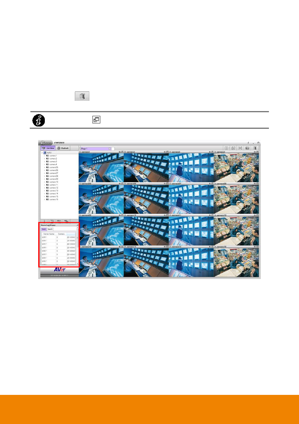 2 use the alarm log viewer, Viewing the alarm event, Use the alarm log viewer | Chapter 4.4.2 | AVer CM5000 User Manual | Page 76 / 157