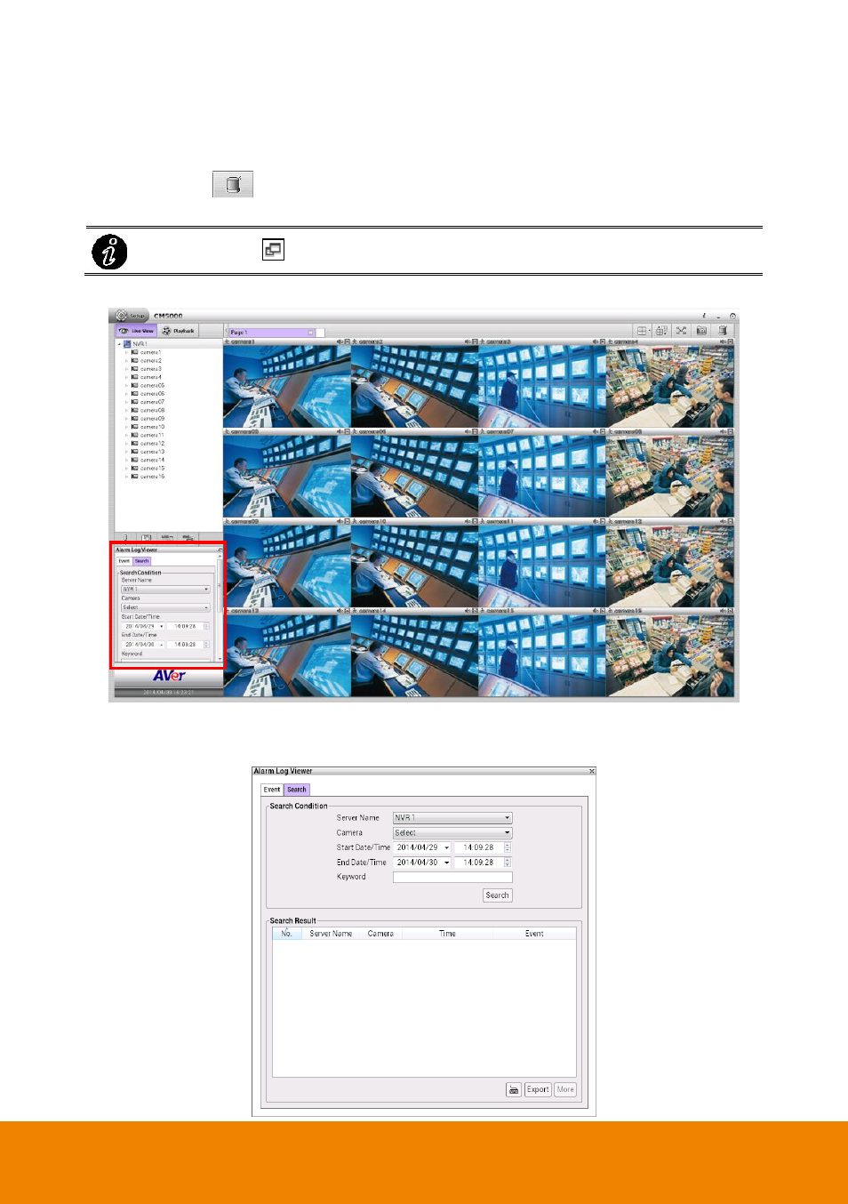 Search the alarm event logs | AVer CM5000 User Manual | Page 78 / 157