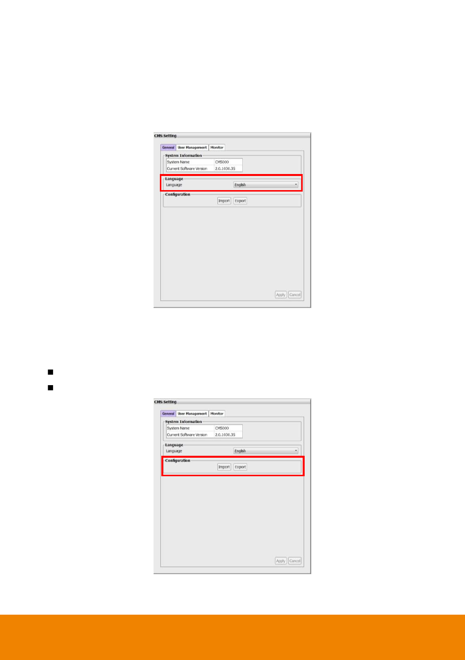 1 setup the language of cms system, 2 import/export the system configuration, Setup the language of cms system | Import/export the system configuration | AVer CM5000 User Manual | Page 83 / 157