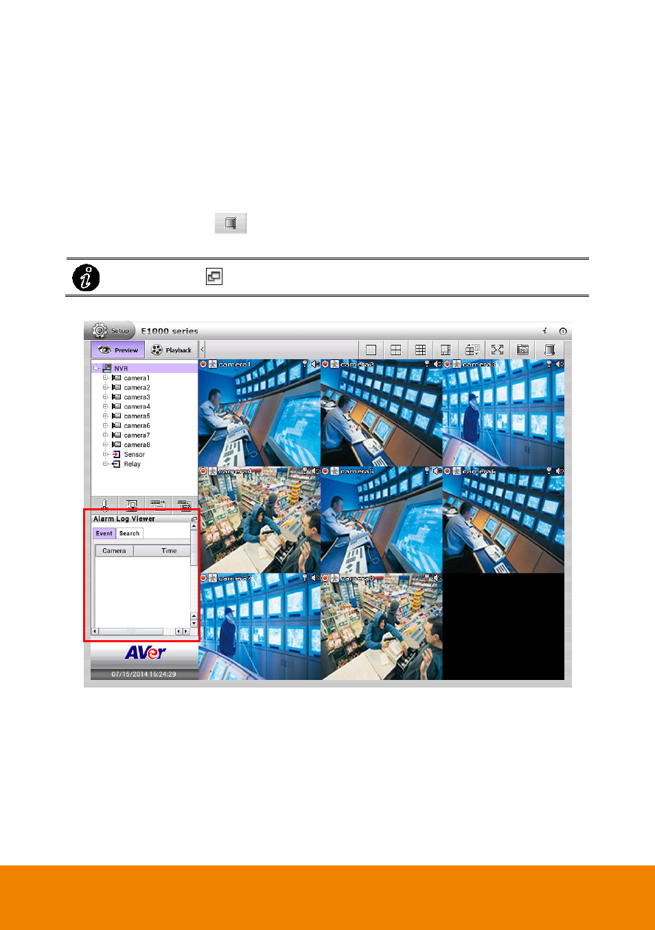 2 using the alarm log viewer, View the alarm event, Chapter | Chapter 2.17.2 | AVer E1008H User Manual | Page 129 / 180