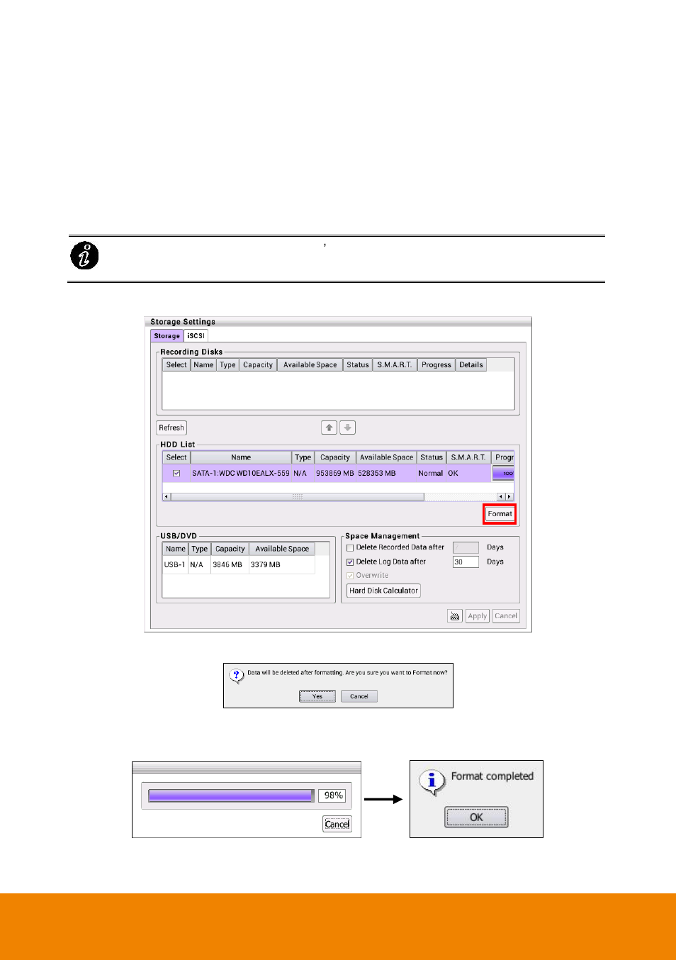 1 formatting the hard disk, Formatting the hard disk, Chapter 2.7.1 | AVer E1008H User Manual | Page 57 / 180