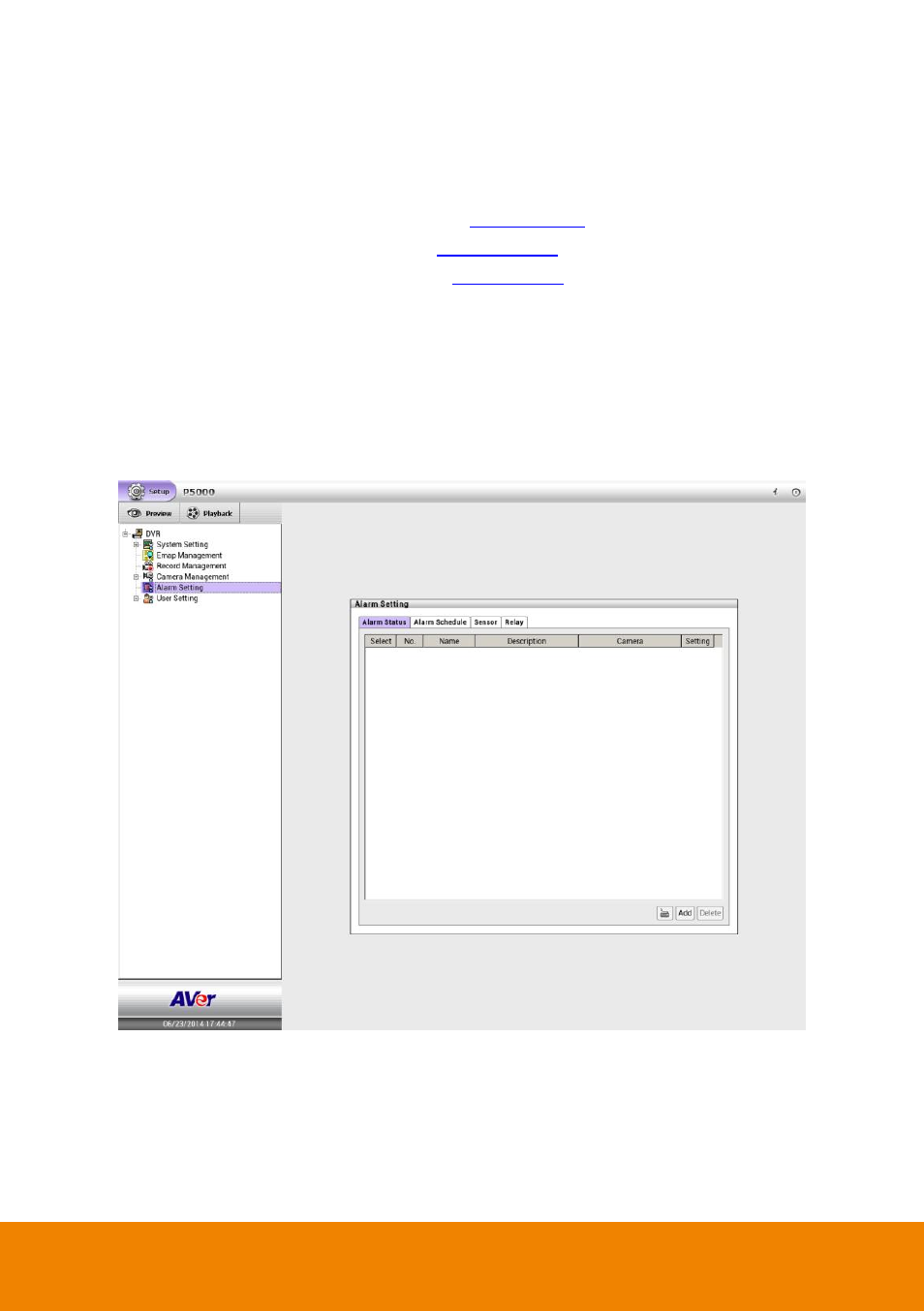 12 alarm setting, 1 setup alarm condition, Alarm setting | Chapter 2.12, Chapter | AVer P5000 series User Manual | Page 102 / 177