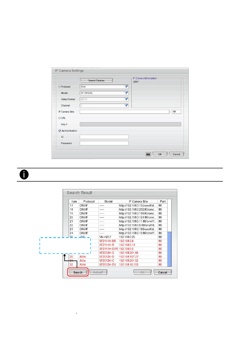 Using search device to connect ip camera, 1 using search device to connect ip camera | AVer EXR6004-Mini user manual User Manual | Page 35 / 99