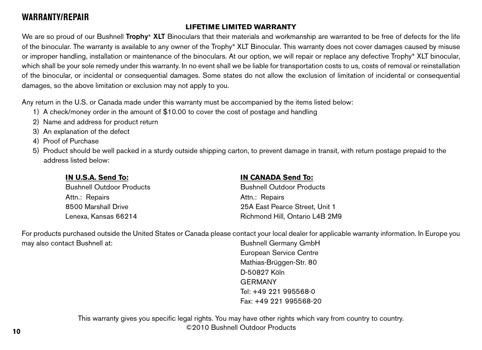 Warranty/repair | Bushnell TROPHY XLT User Manual | Page 10 / 36
