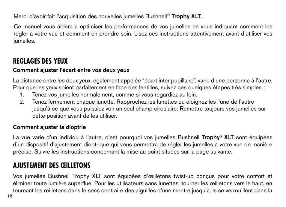 Reglages des yeux, Ajustement des œilletons | Bushnell TROPHY XLT User Manual | Page 12 / 36