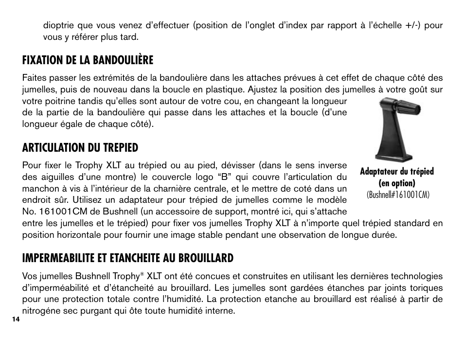 Fixation de la bandoulière, Articulation du trepied, Impermeabilite et etancheite au brouillard | Bushnell TROPHY XLT User Manual | Page 14 / 36