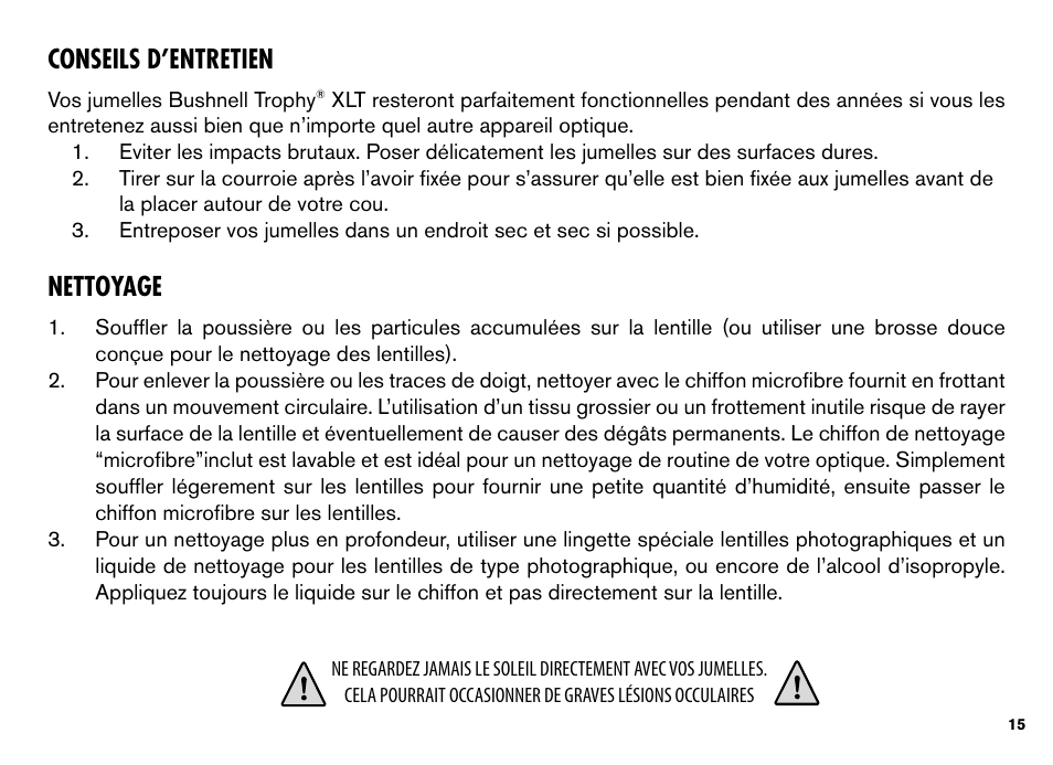 Conseils d’entretien, Nettoyage | Bushnell TROPHY XLT User Manual | Page 15 / 36