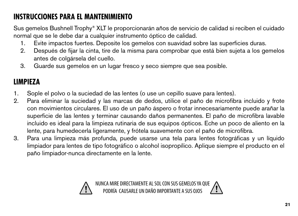 Instrucciones para el mantenimiento, Limpieza | Bushnell TROPHY XLT User Manual | Page 21 / 36
