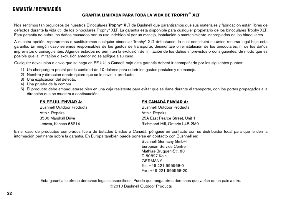 Garantía / reparación | Bushnell TROPHY XLT User Manual | Page 22 / 36