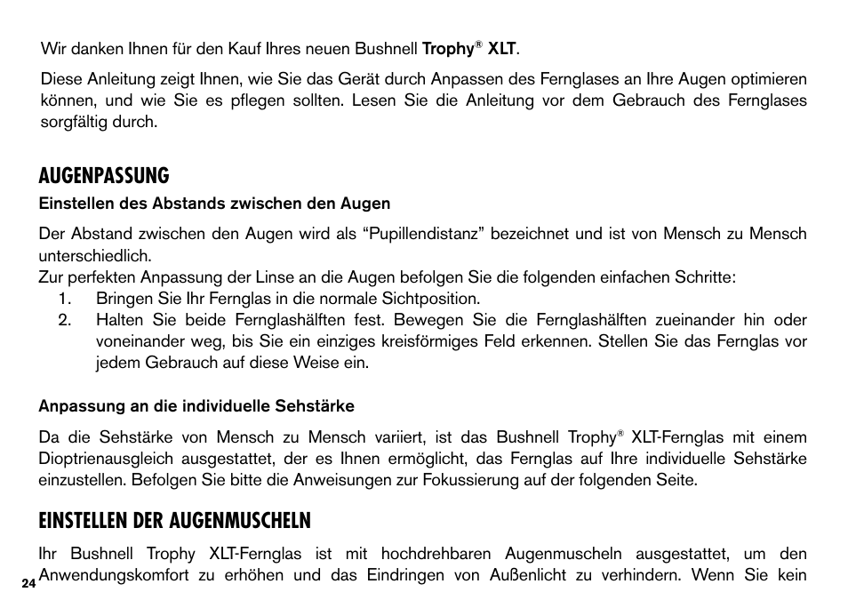 Augenpassung, Einstellen der augenmuscheln | Bushnell TROPHY XLT User Manual | Page 24 / 36