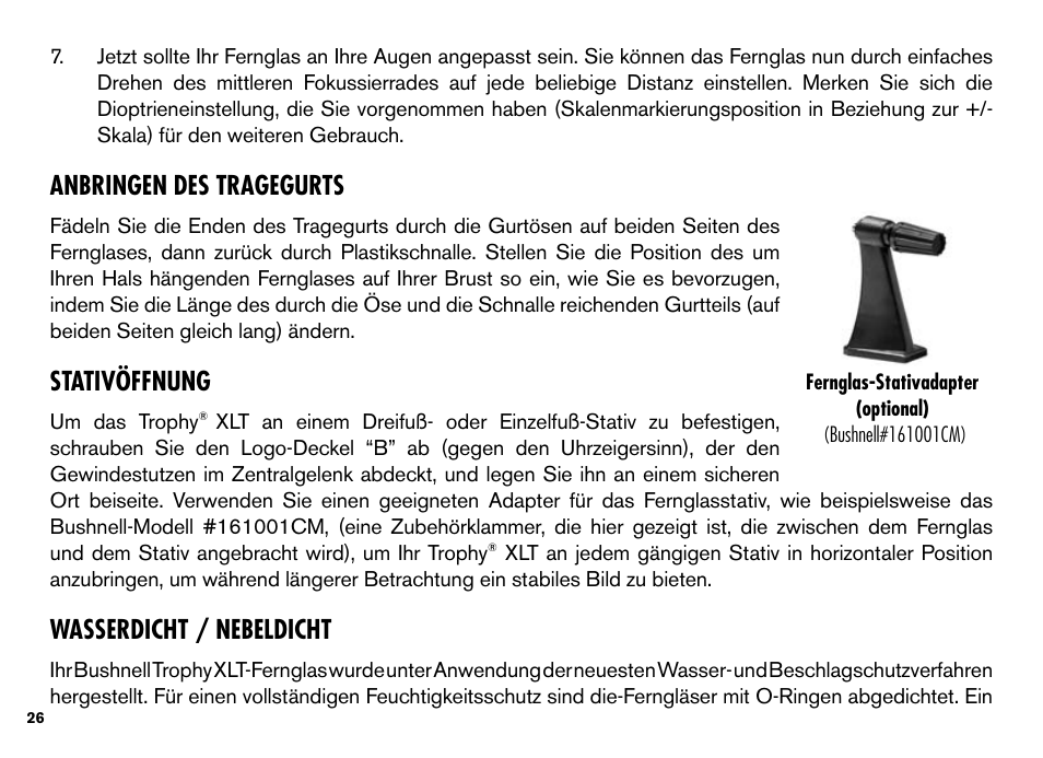 Anbringen des tragegurts, Stativöffnung, Wasserdicht / nebeldicht | Bushnell TROPHY XLT User Manual | Page 26 / 36