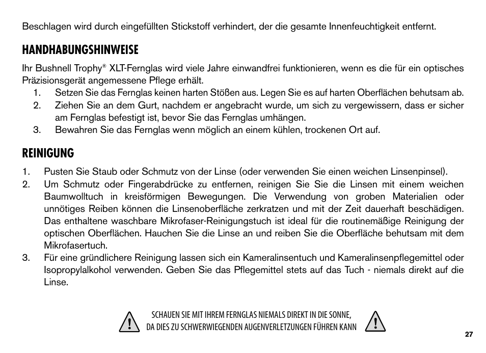 Handhabungshinweise, Reinigung | Bushnell TROPHY XLT User Manual | Page 27 / 36