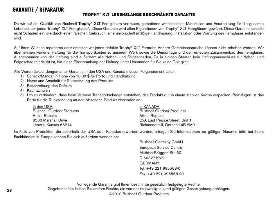 Garantie / reparatur | Bushnell TROPHY XLT User Manual | Page 28 / 36