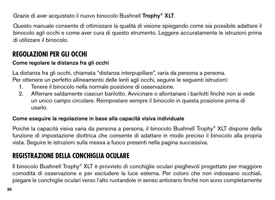 Regolazioni per gli occhi, Registrazione della conchiglia oculare | Bushnell TROPHY XLT User Manual | Page 30 / 36