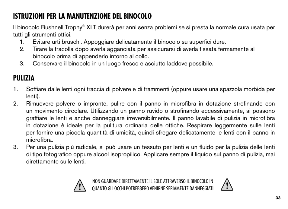 Istruzioni per la manutenzione del binocolo, Pulizia | Bushnell TROPHY XLT User Manual | Page 33 / 36