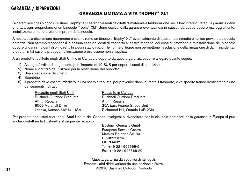 Garanzia / riparazioni | Bushnell TROPHY XLT User Manual | Page 34 / 36