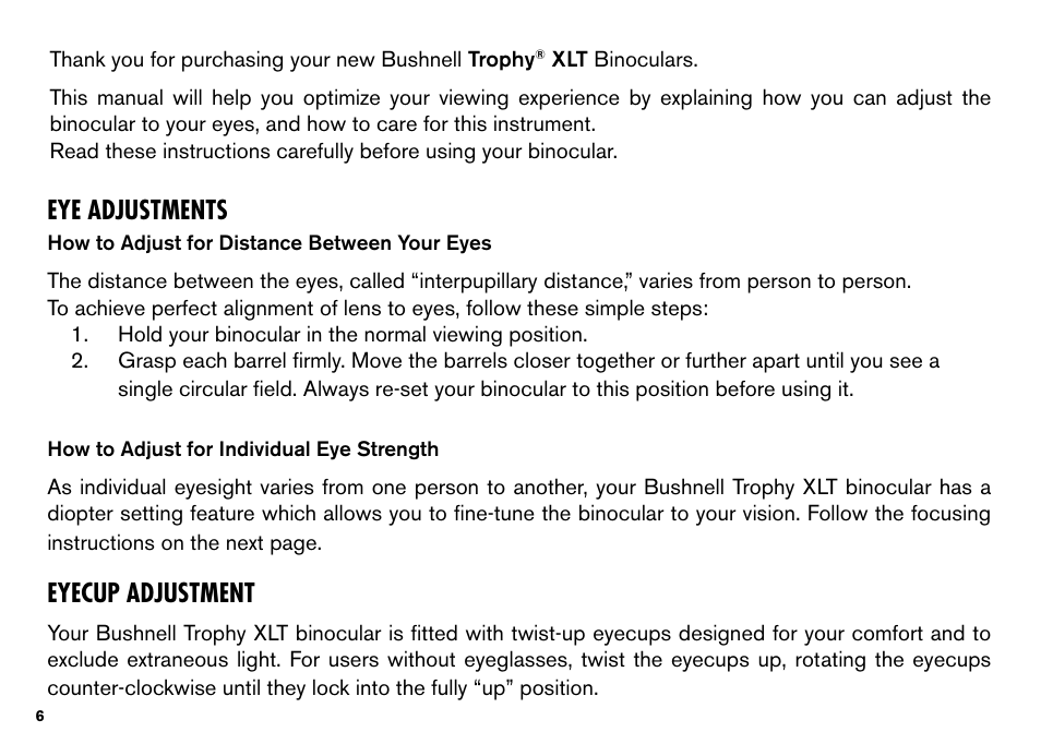 Eye adjustments, Eyecup adjustment | Bushnell TROPHY XLT User Manual | Page 6 / 36