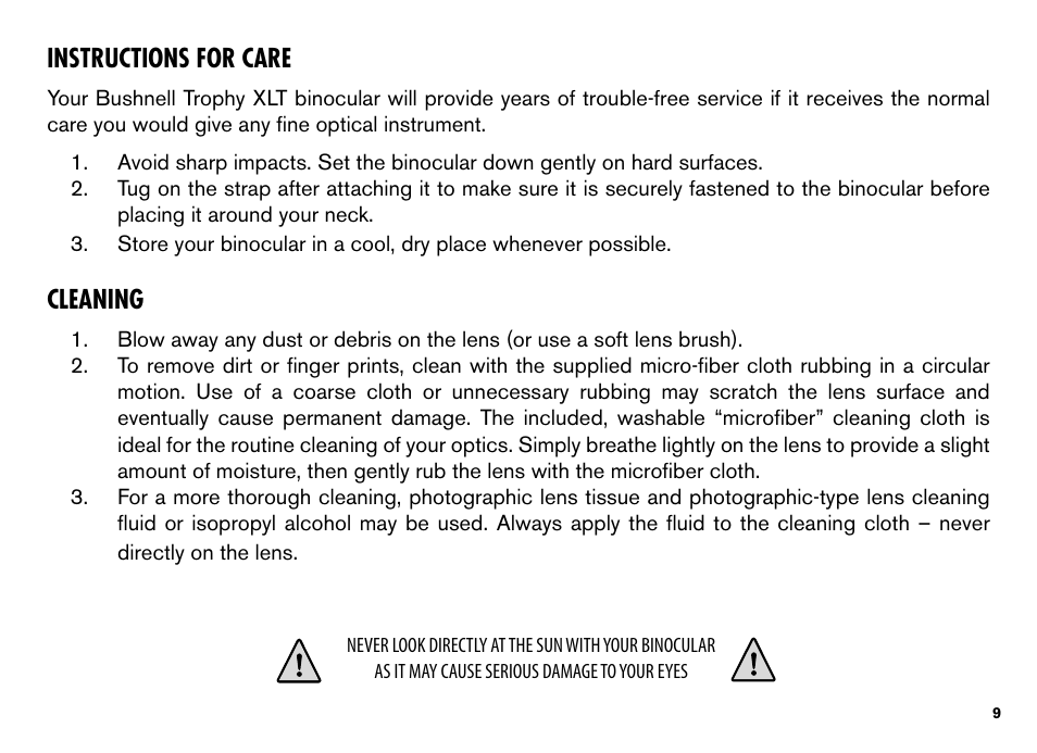 Instructions for care, Cleaning | Bushnell TROPHY XLT User Manual | Page 9 / 36