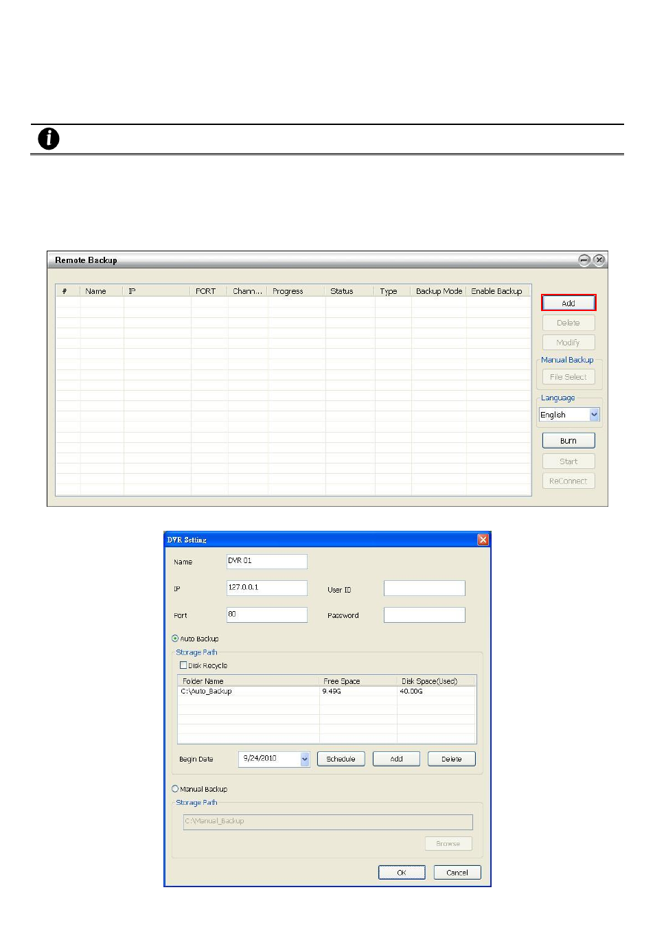 Remote ibackup, To back up the recoded data from the dvr server, 2 remote ibackup | 1 to back up the recoded data from the dvr server | AVer EH1116H-4 Nano user manual User Manual | Page 120 / 125