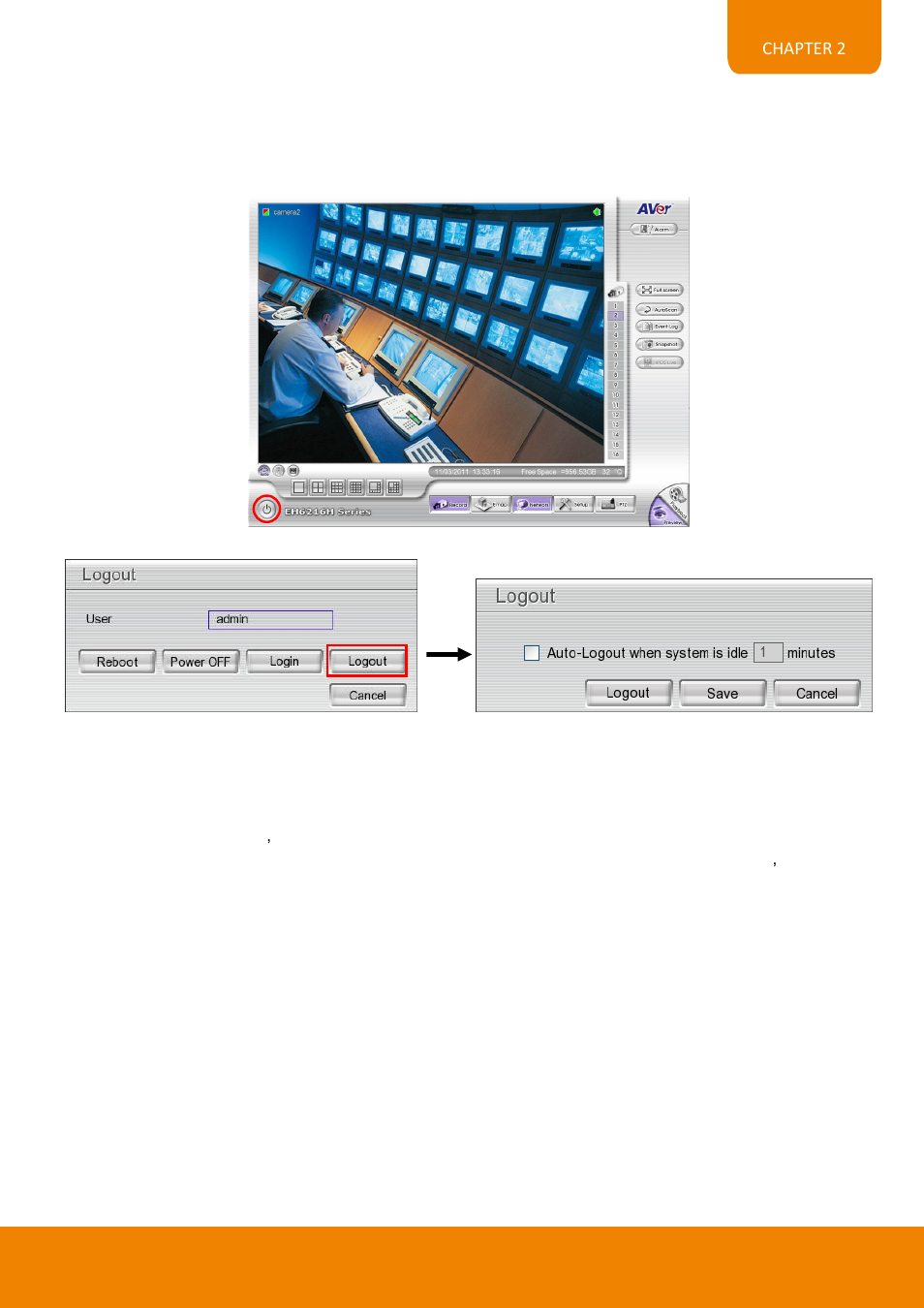 1 to setup dvr system logout time, Chapter 2.2.1 | AVer EH6216H+ user manual User Manual | Page 45 / 157