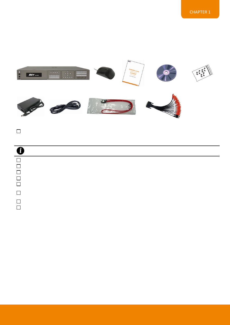 Chapter 1, Introduction, Package content | 1 eh6108h, Chapter 1 introduction, 1 package content | AVer EH6216H+ user manual User Manual | Page 9 / 157