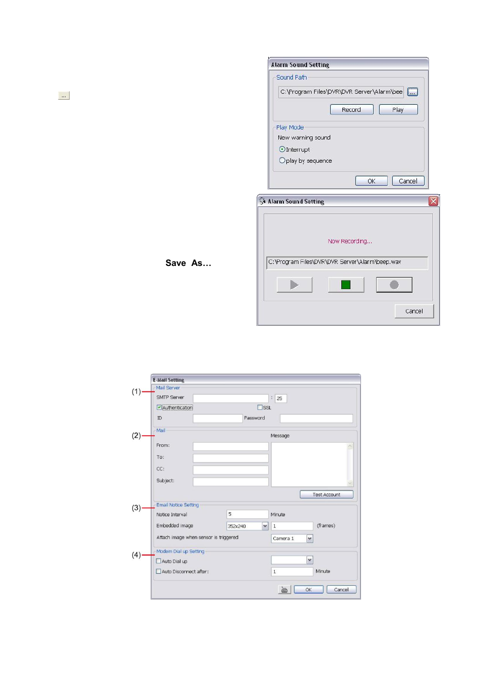 2 to setup the alarm sound setting, 3 to setup send e-mail setting, Chapter 4.9.2) | So chapter 4.9.3) | AVer IWH3216 Touch3216 Touch II user manual User Manual | Page 104 / 179