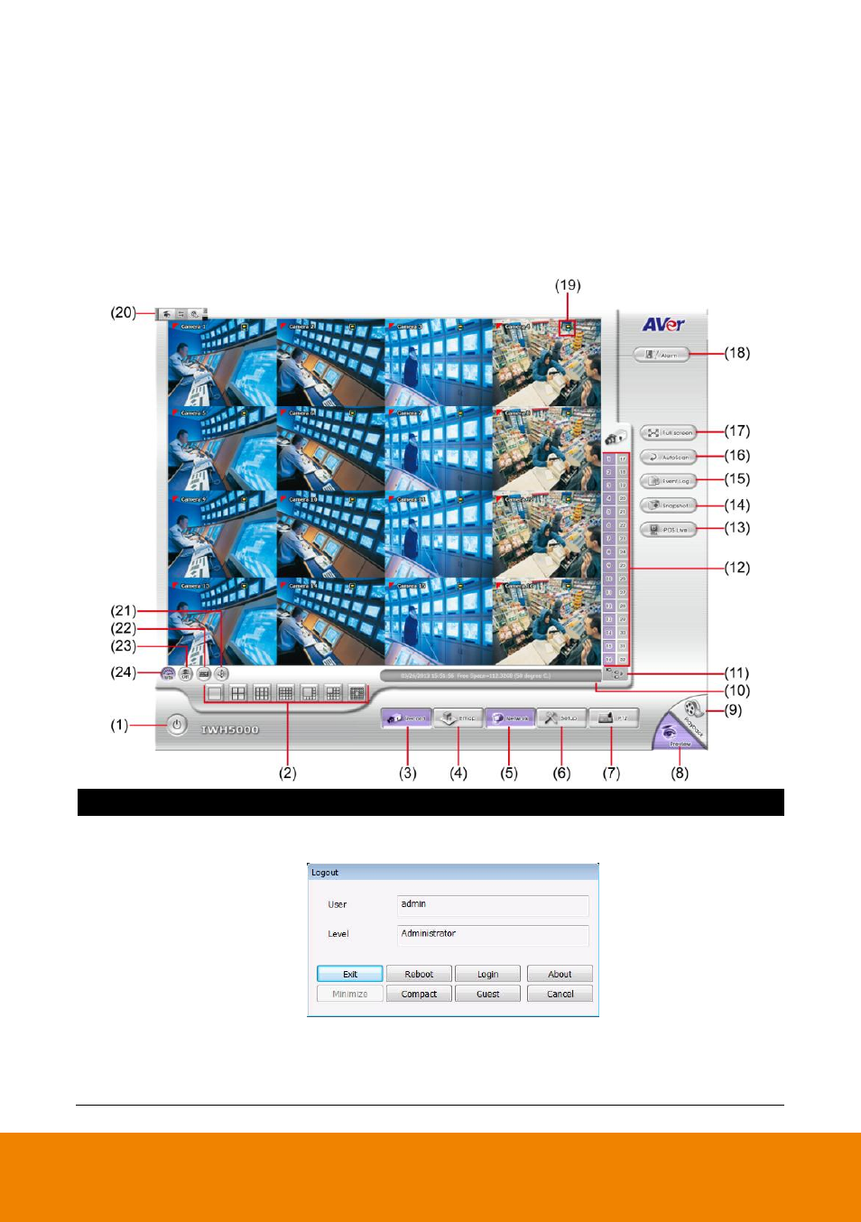 Chapter 4, Using the dvr software, Familiarizing the functions in preview mode | Chapter 4 using the dvr software, 1 familiarizing the functions in preview mode | AVer IWH5000 series User Manual | Page 43 / 247