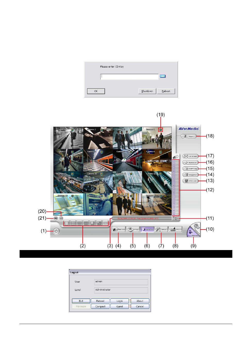 Chapter 3 using the dvr software, Chapter 3, Using the dvr software | Running the unit for the first time, Function buttons in advanced/preview mode, 1 running the unit for the first time, 2 function buttons in advanced/preview mode | AVer SA series User Manual | Page 41 / 270