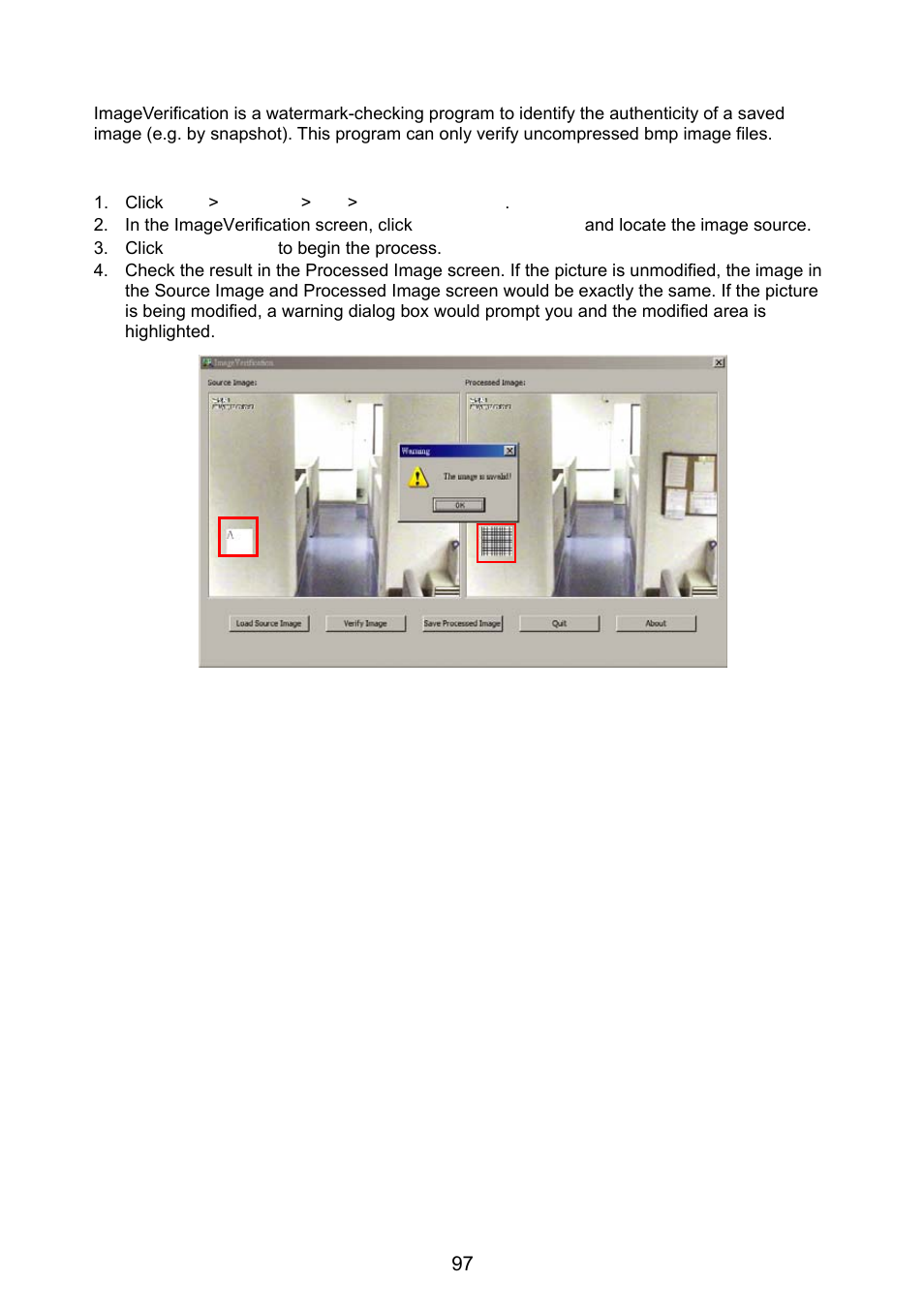 Chapter 9 image verification, 1 to run the imageverification program, Chapter 9 | Image verification, To run the imageverification program | AVer NX8000 User Manual | Page 104 / 116