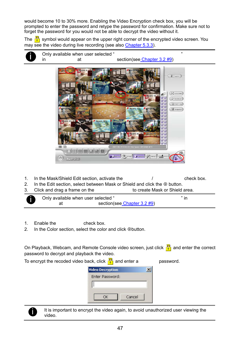1 to mask/shield an area on the screen, 2 to show and change the color of the mask, 3 to playback encrypted video | To mask/shield an area on the screen, To show and change the color of the mask, To playback encrypted video | AVer NX8000 User Manual | Page 54 / 116