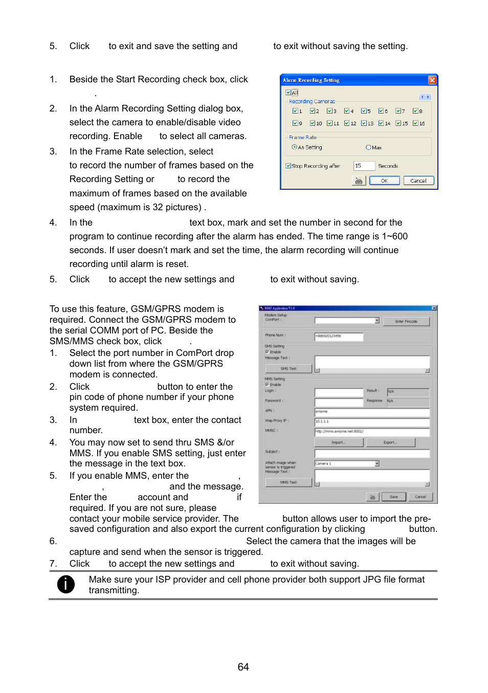 6 to setup alarm recording setting, 7 to setup sms/mms setting, To setup alarm recording setting | To setup sms/mms setting, Chapter, Chapter 5.9.7, Chapter 5.9.8 | AVer NX8000 User Manual | Page 71 / 116