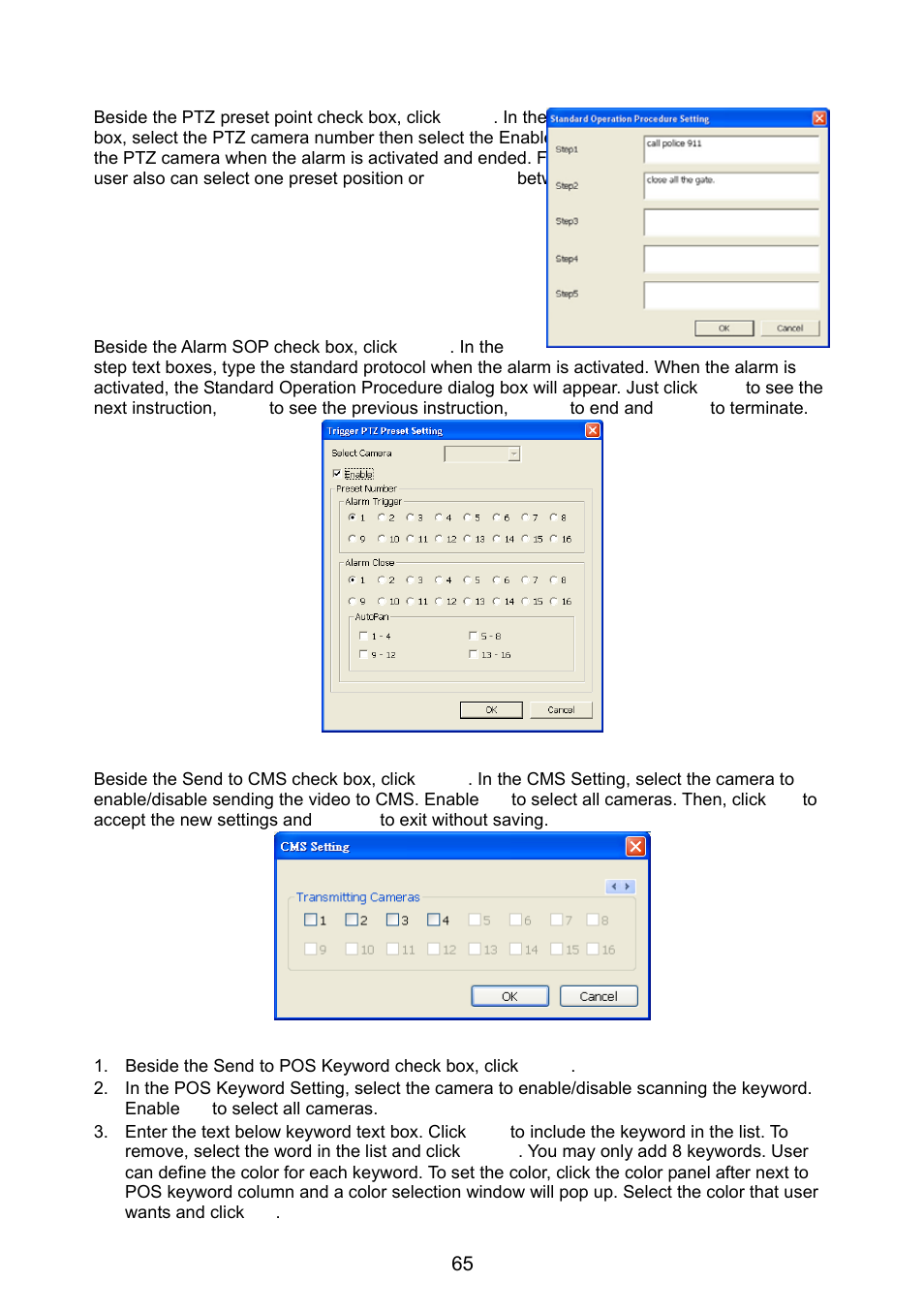 To setup ptz preset point, To setup alarm sop, To setup cms setting | To setup pos keyword setting, Chapter 5.9.9, See also, Chapter 5.9.10 | AVer NX8000 User Manual | Page 72 / 116